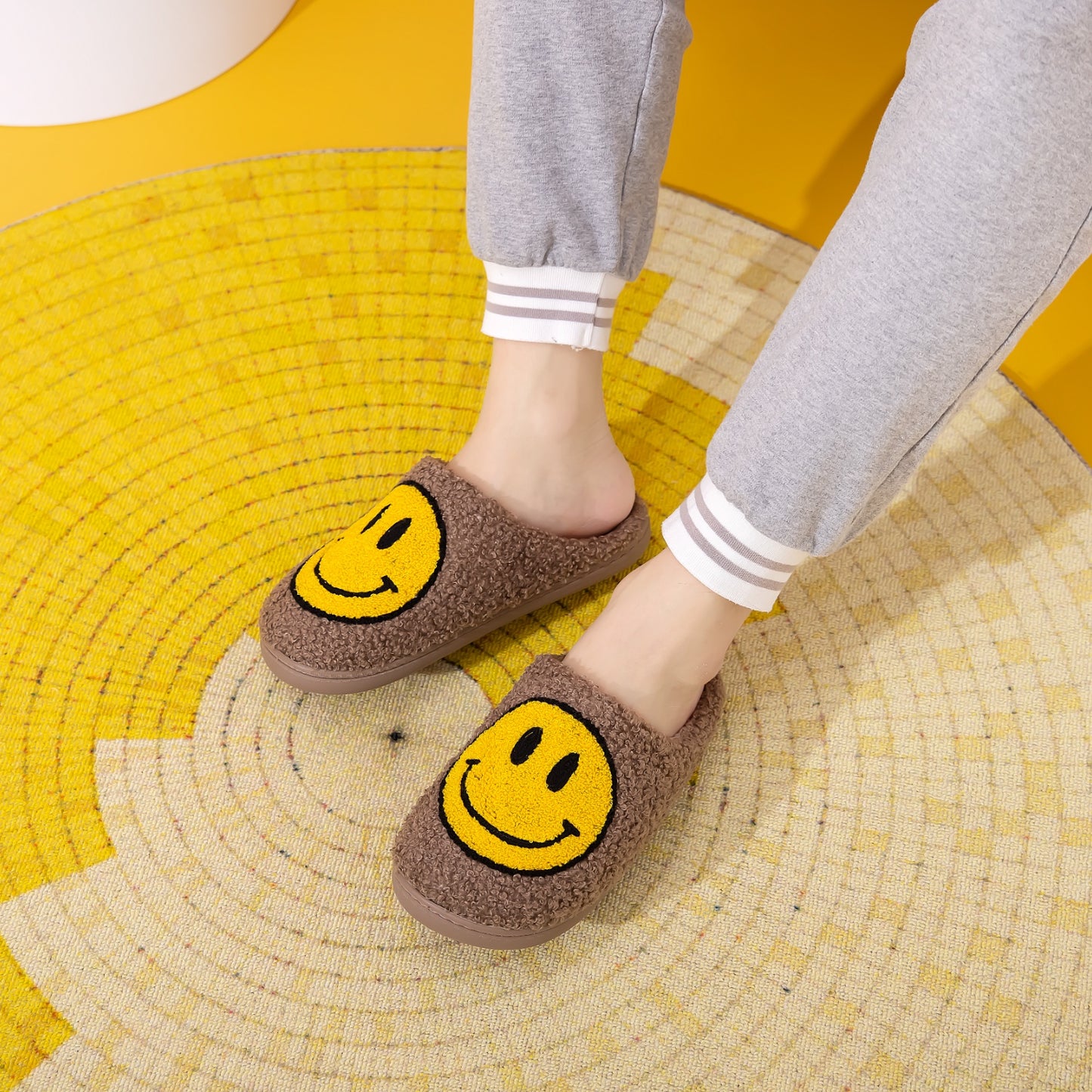 Chocolate and Yellow Smiley Face Slippers