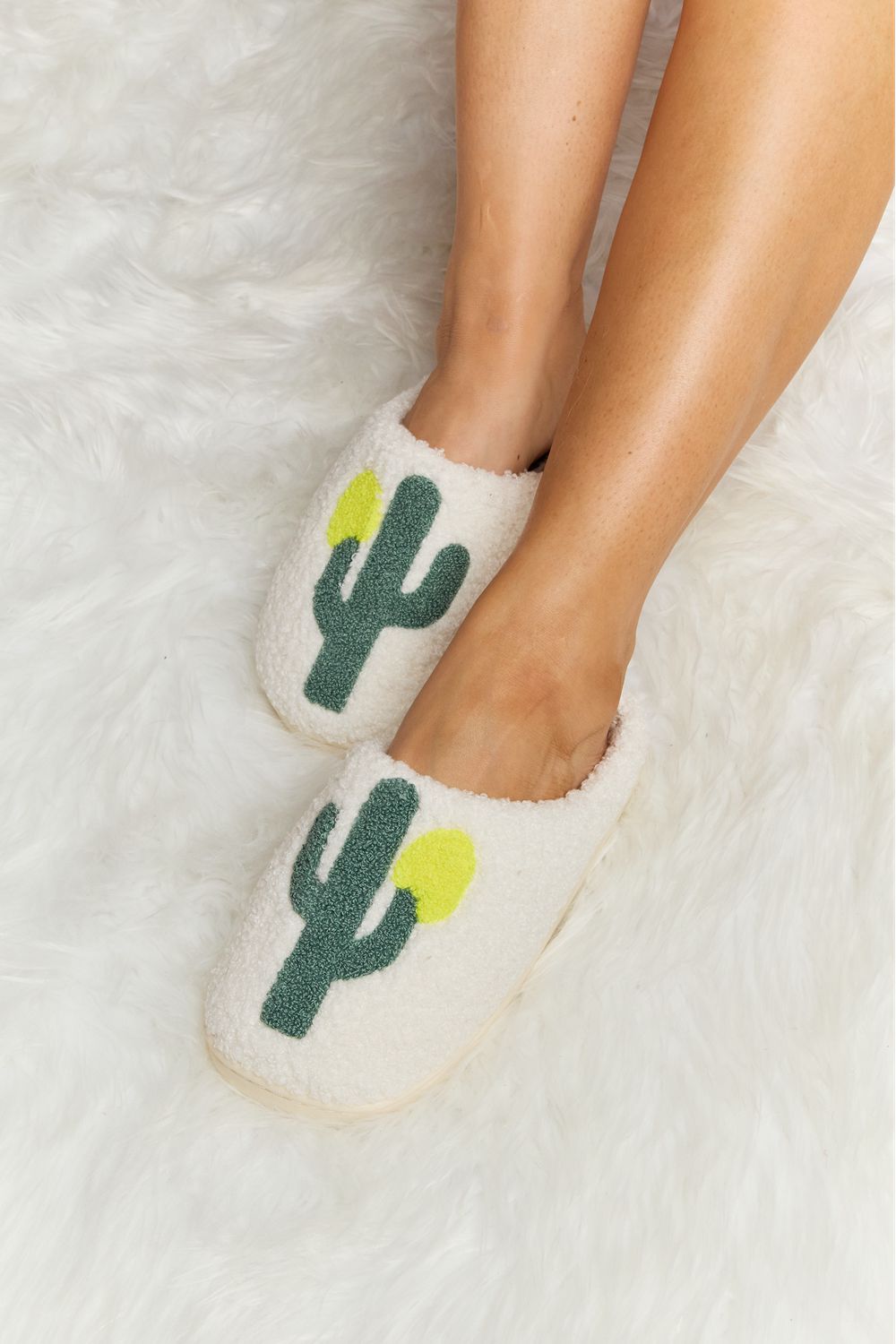 White Cactus Plush Slide Slippers