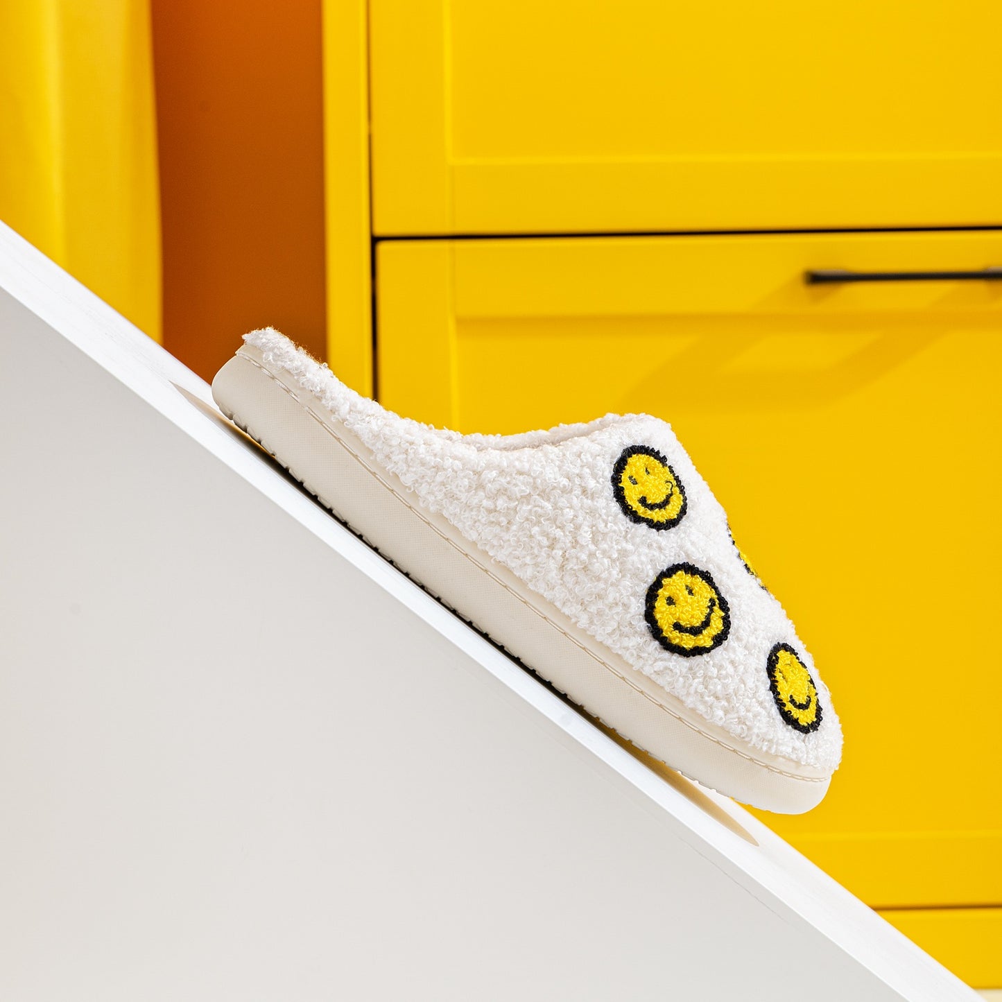 White and Yellow Smiley Face Slippers