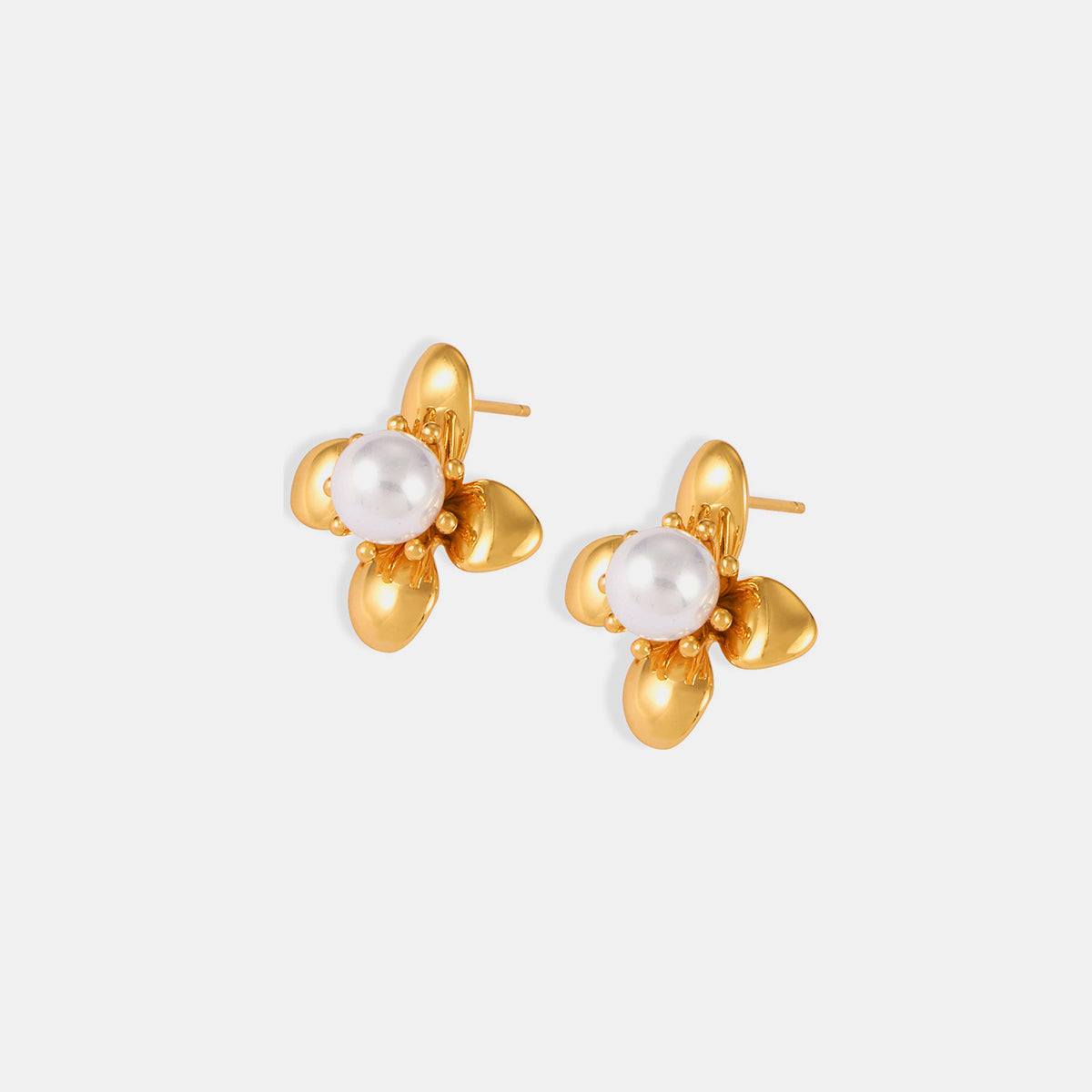 Gold Flower with Pearl Stud Earrings