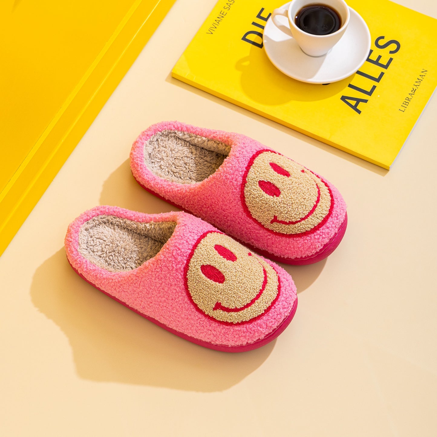 Pink and Yellow Smiley Face Slippers