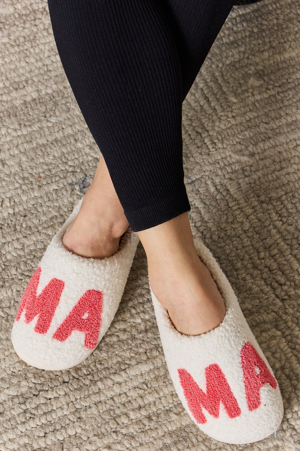 White and Pink MAMA Pattern Cozy Slippers