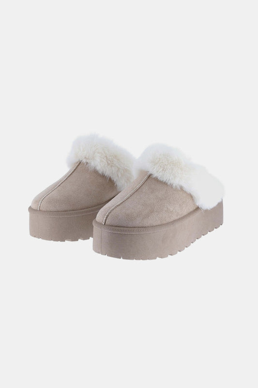 Tan Thick Bottom Fur Trim Snow Slippers