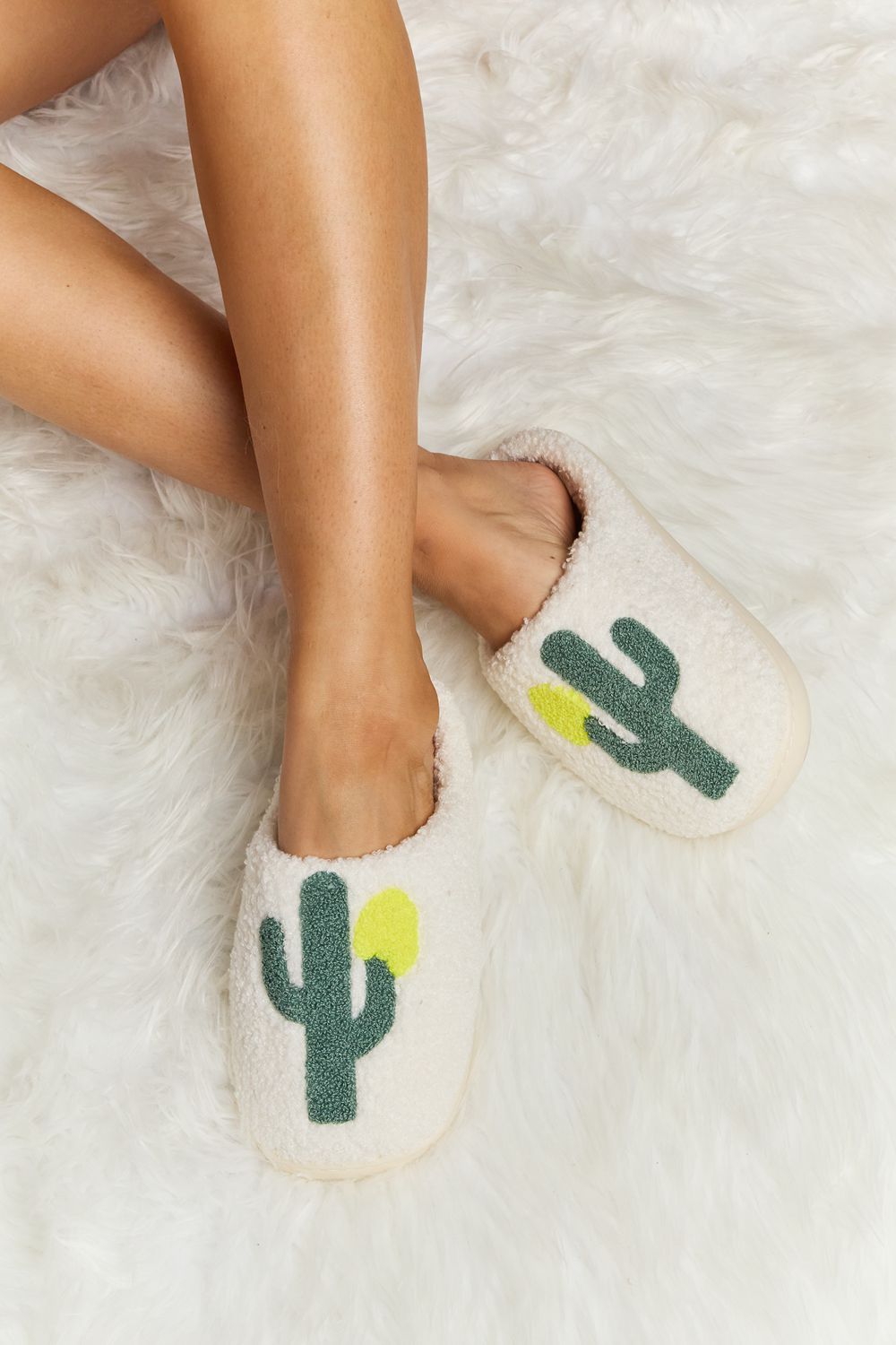 White Cactus Plush Slide Slippers