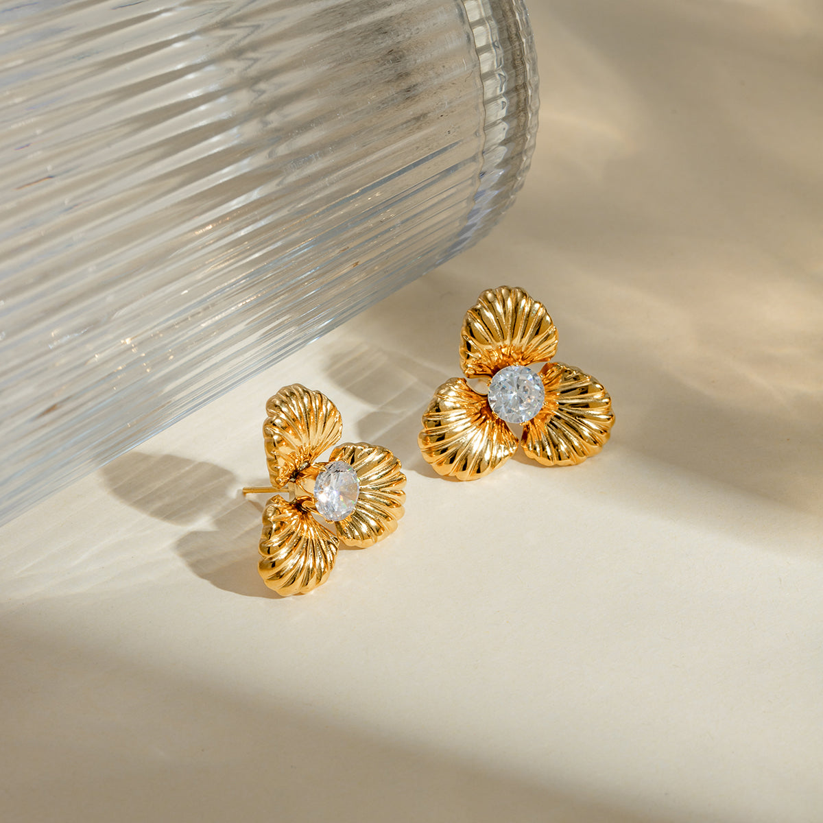 Gold and Zircon Flower Stud Earrings