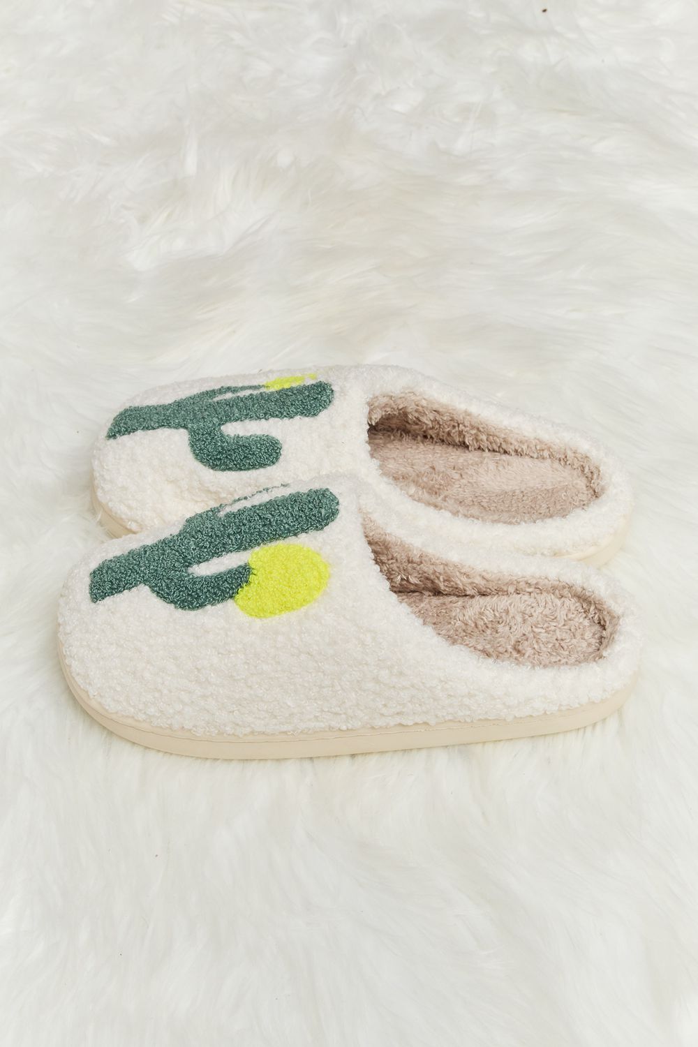 White Cactus Plush Slide Slippers