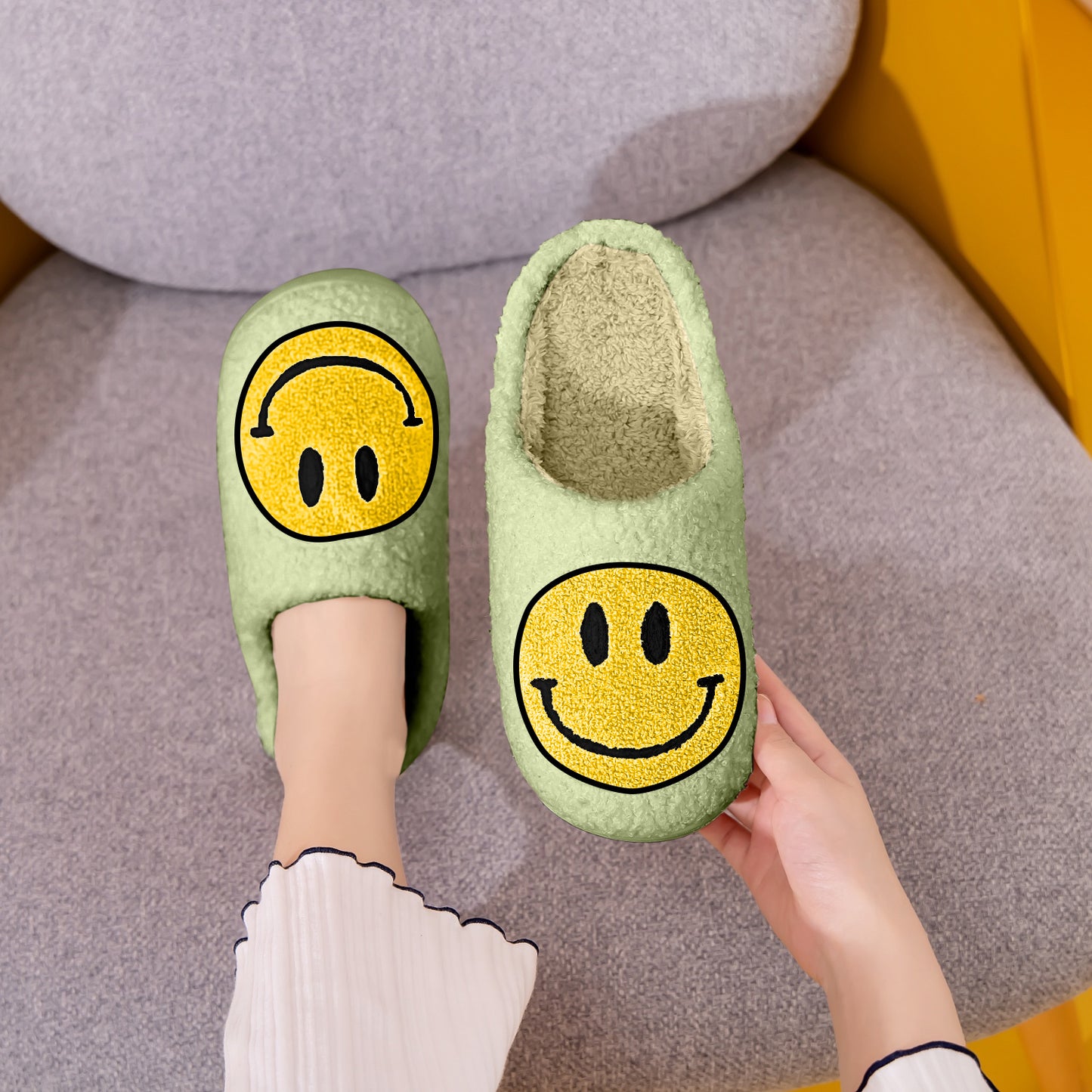 Lime Green and Yellow Smiley Face Slippers