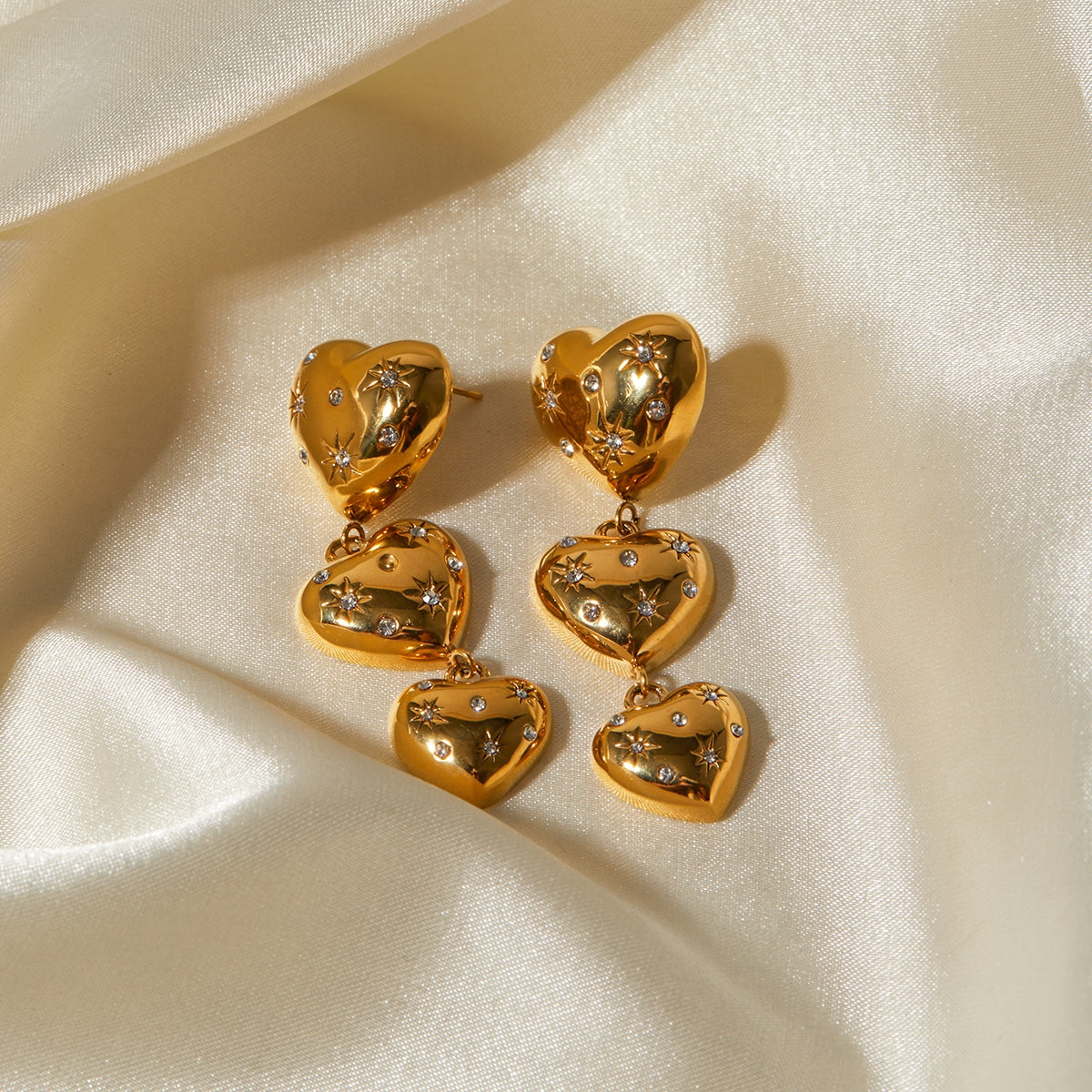 Gold Triple Drop Heart Earrings