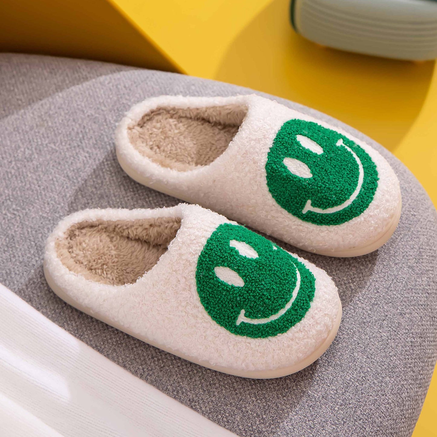 White and Green Smiley Face Slippers