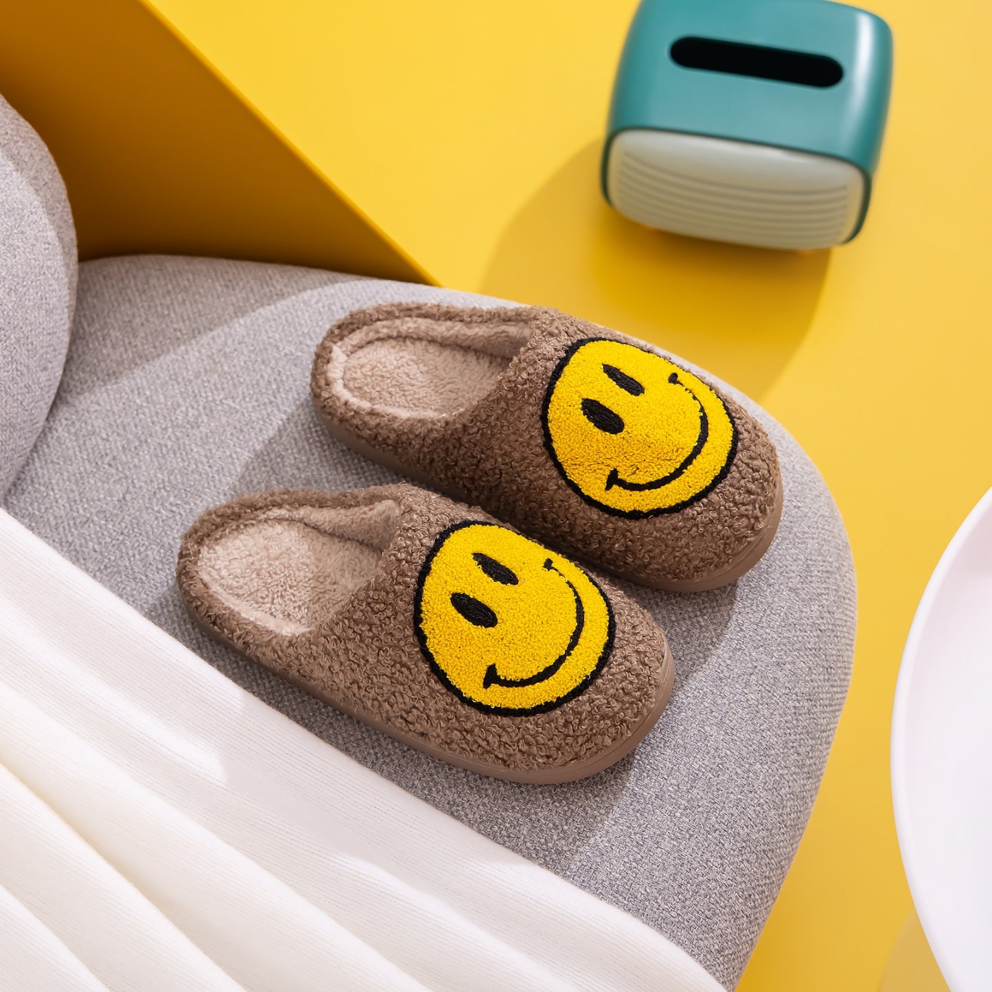 Chocolate and Yellow Smiley Face Slippers